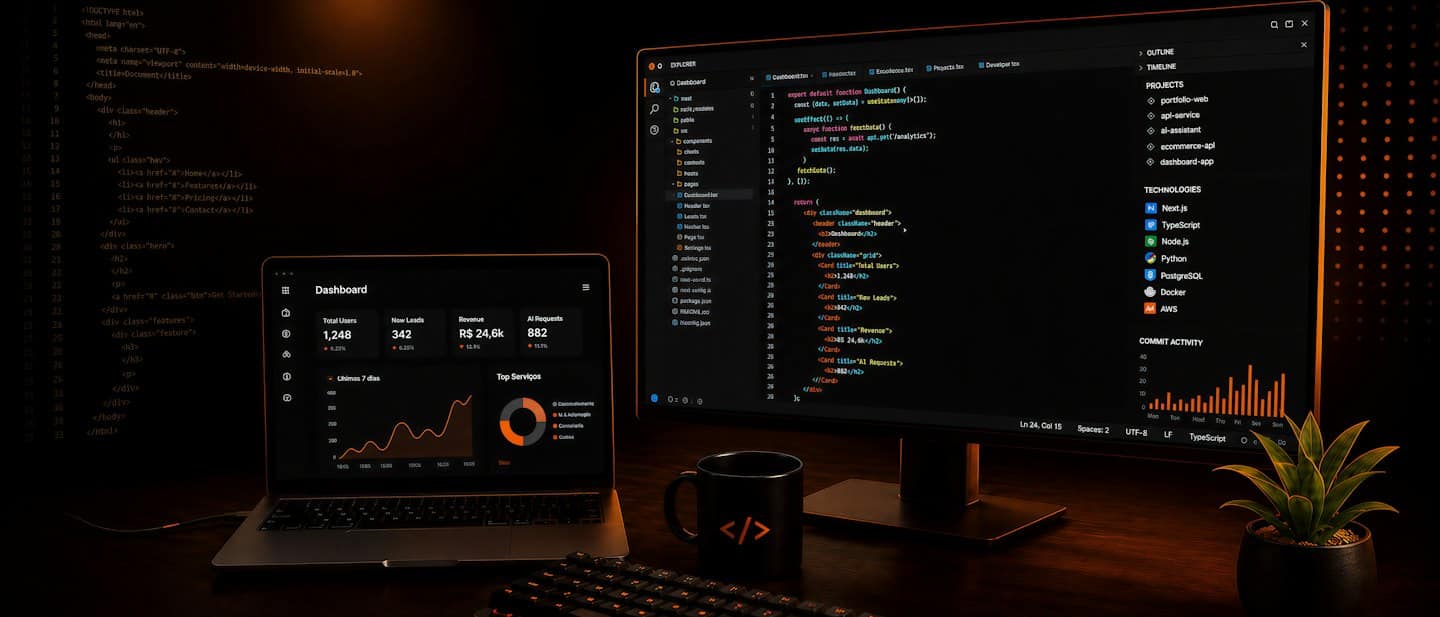 Un portátil y un monitor que muestran código de software y paneles de control empresariales.